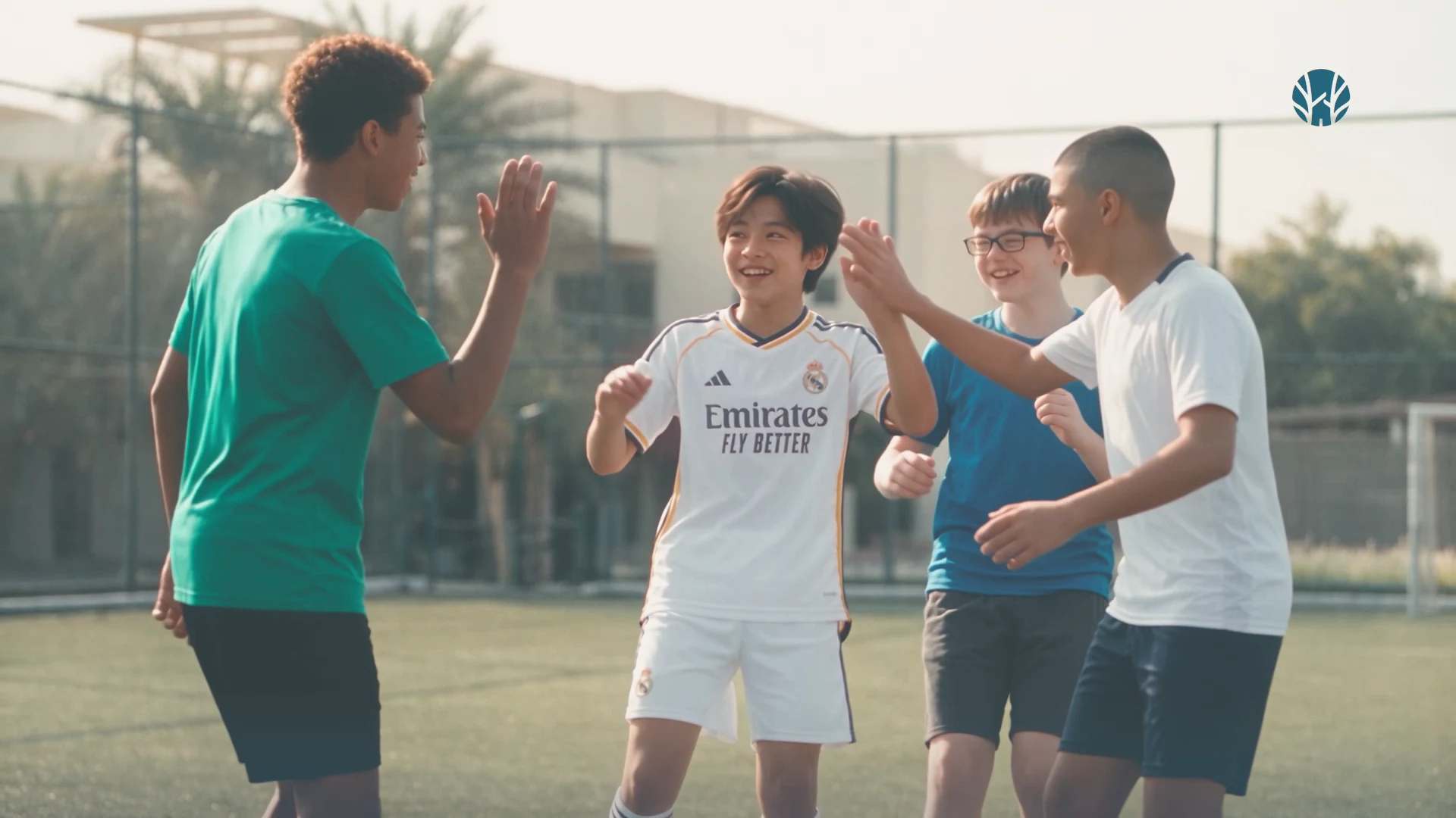 Four teenagers high-five after a game on a community football pitch