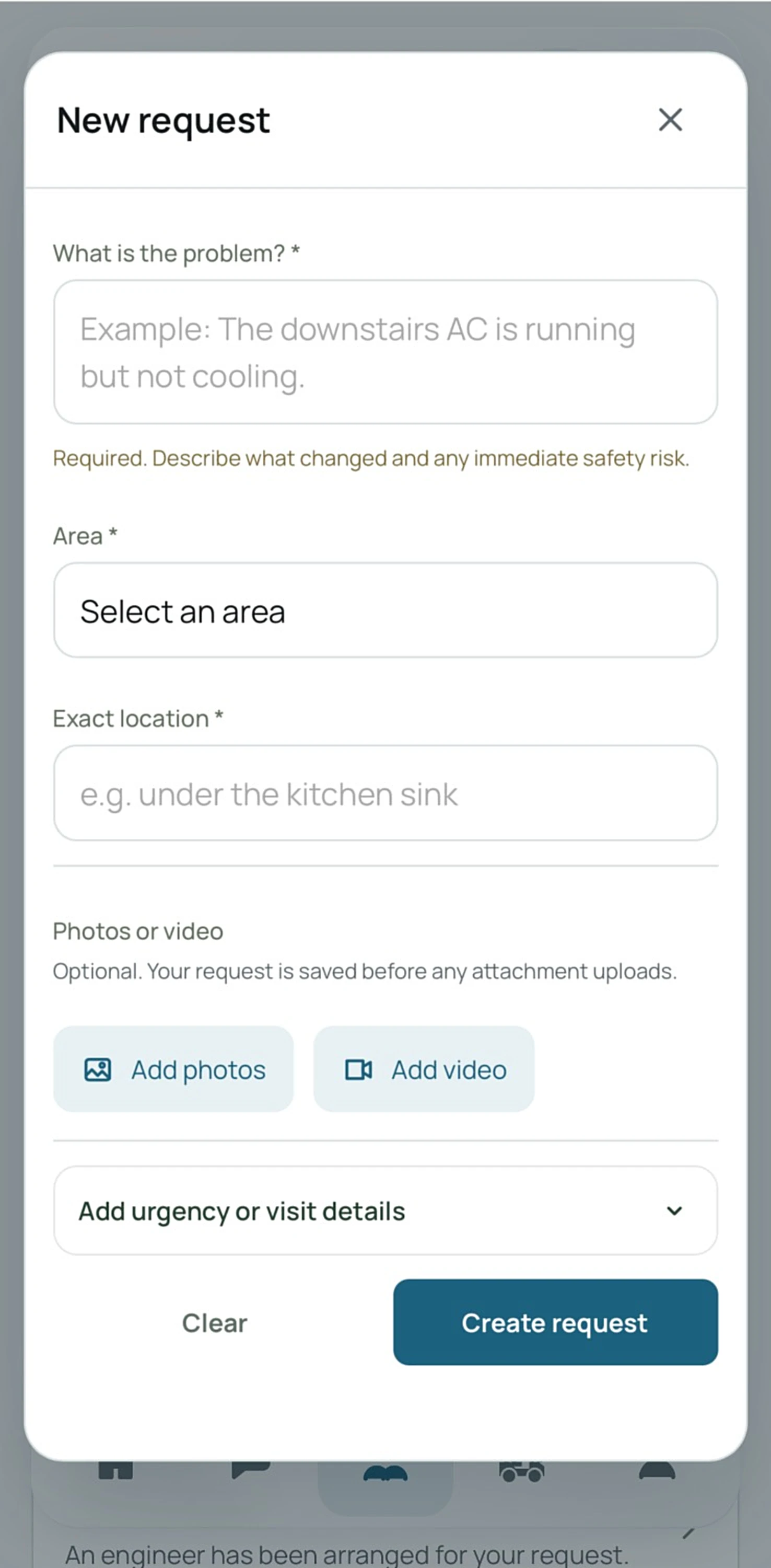 The new maintenance request form, with fields for the problem, area and exact location, and buttons to add photos or video