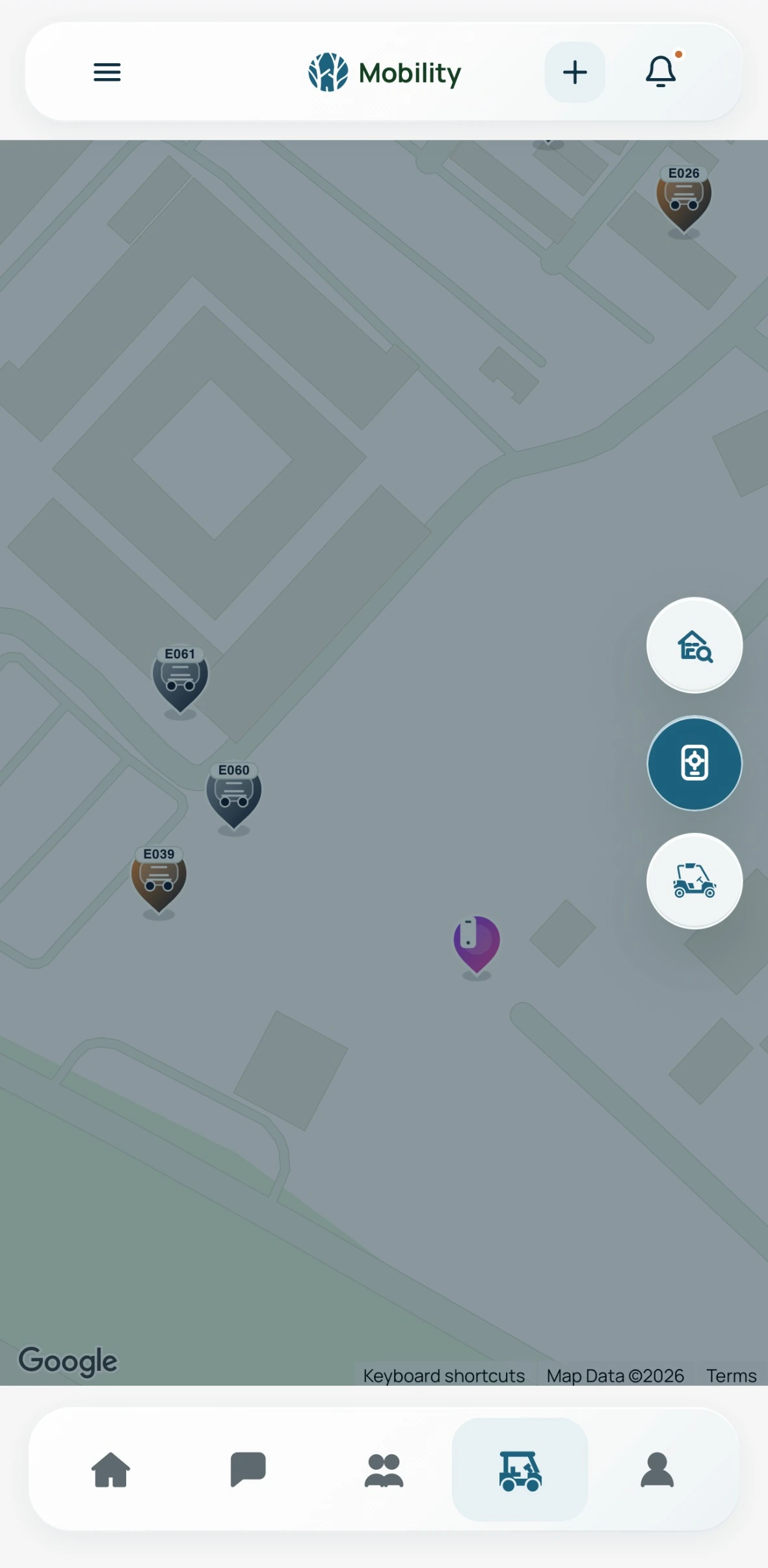 The Mobility map showing the buggies near you and your location